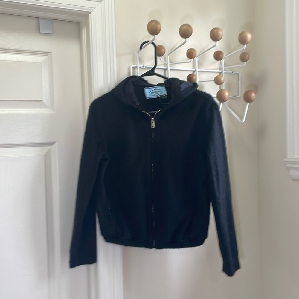 Prada - Y2K Style Cropped Black Wool Hoodie - Small